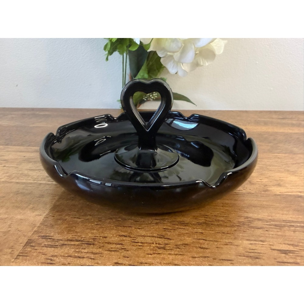 Vintage Black Amethyst Glass Tidbit Tray Heart Handle Scalloped Serving Dish